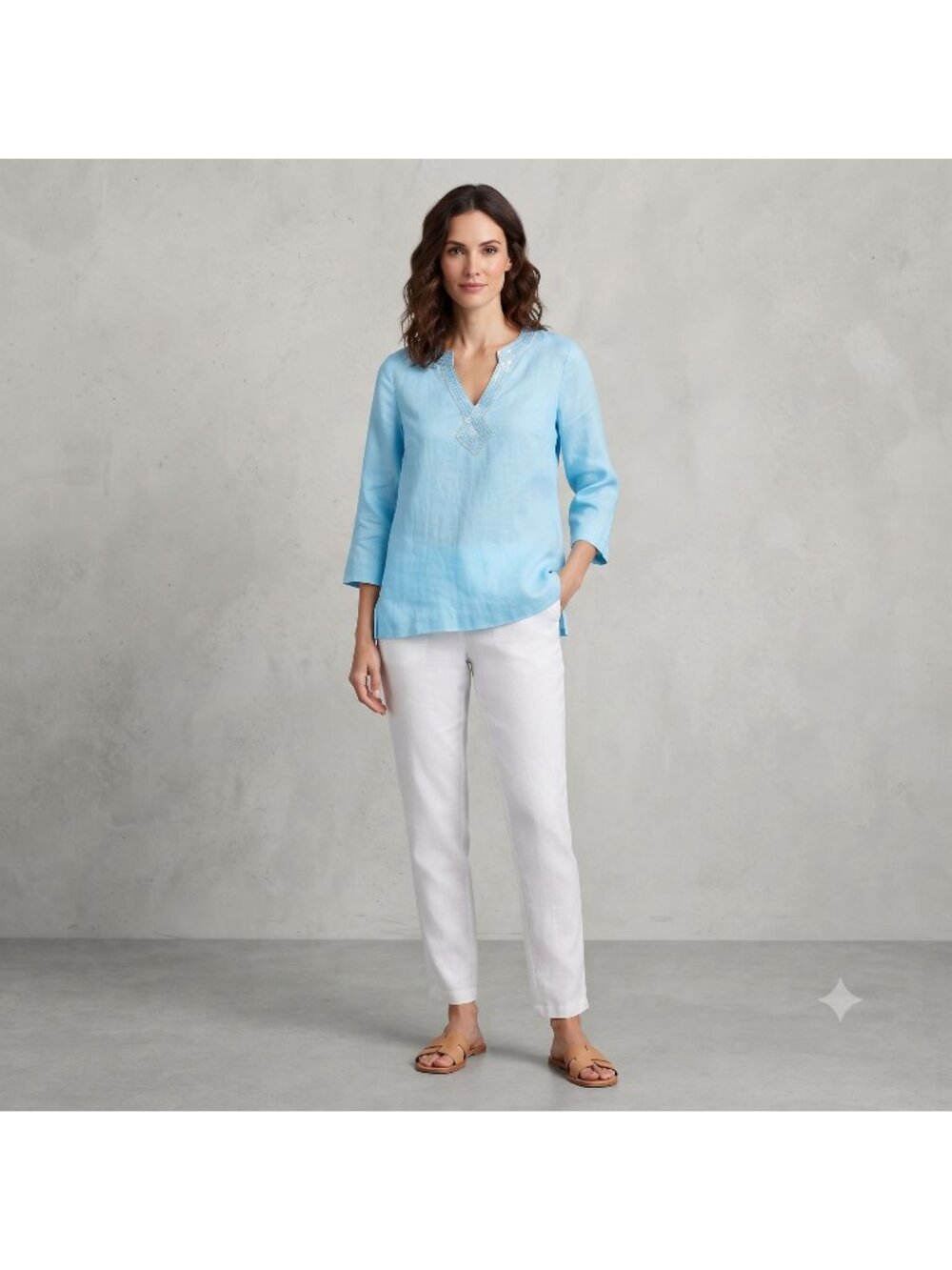 JM Collection Petite Women's Blouse Size 14P V-neck Sequined 100% Linen Top Boho